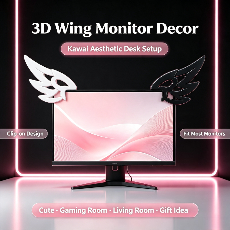 Desk Setup No Monitor - Decoração Kawaii 3D com Asas para